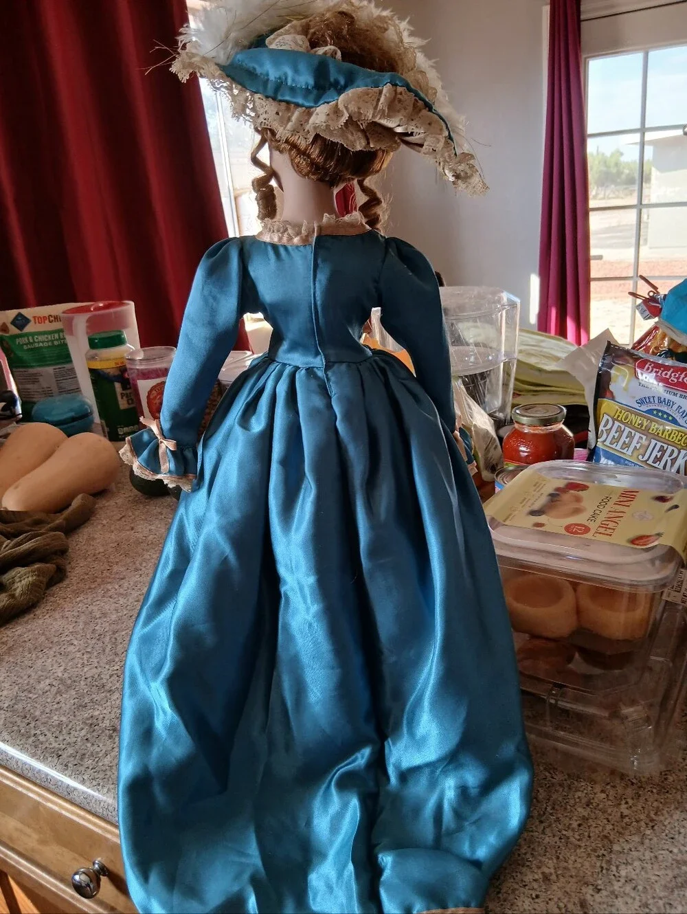 Porcelain Doll in Blue Satin Dress with Lace Trim